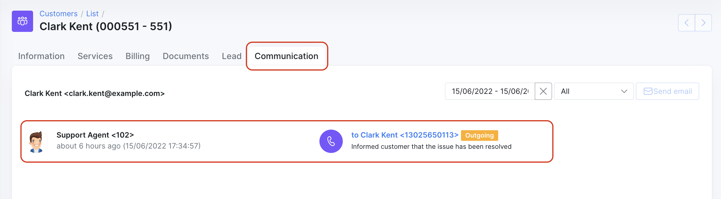 Communication tab on customer profile in Splynx