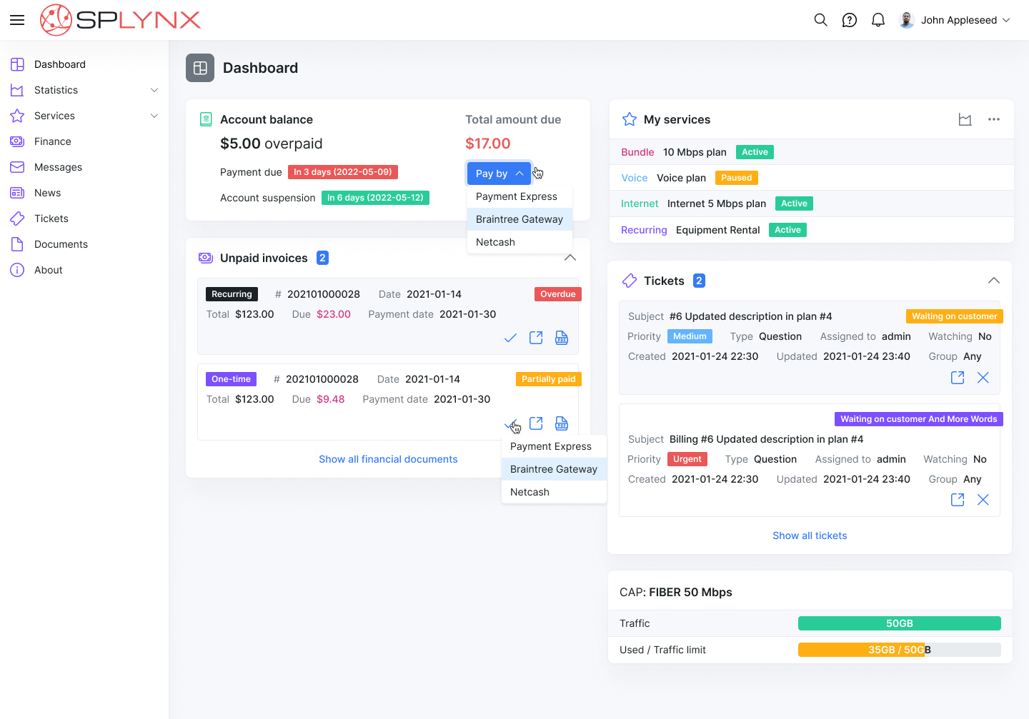 This is how the updated Dashboard will look like in Splynx Customer Portal