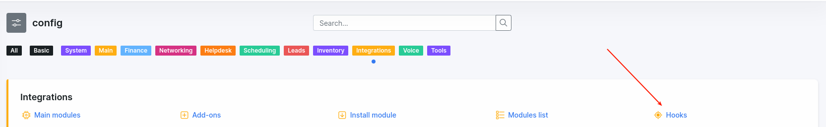 In Splynx, the hooks can be found in the Config → Integrations section