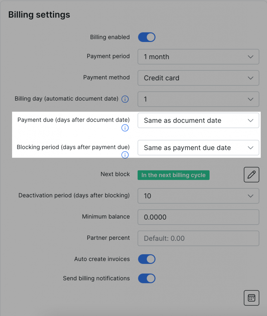 Billing settings - Payment Due 'Same as document date'