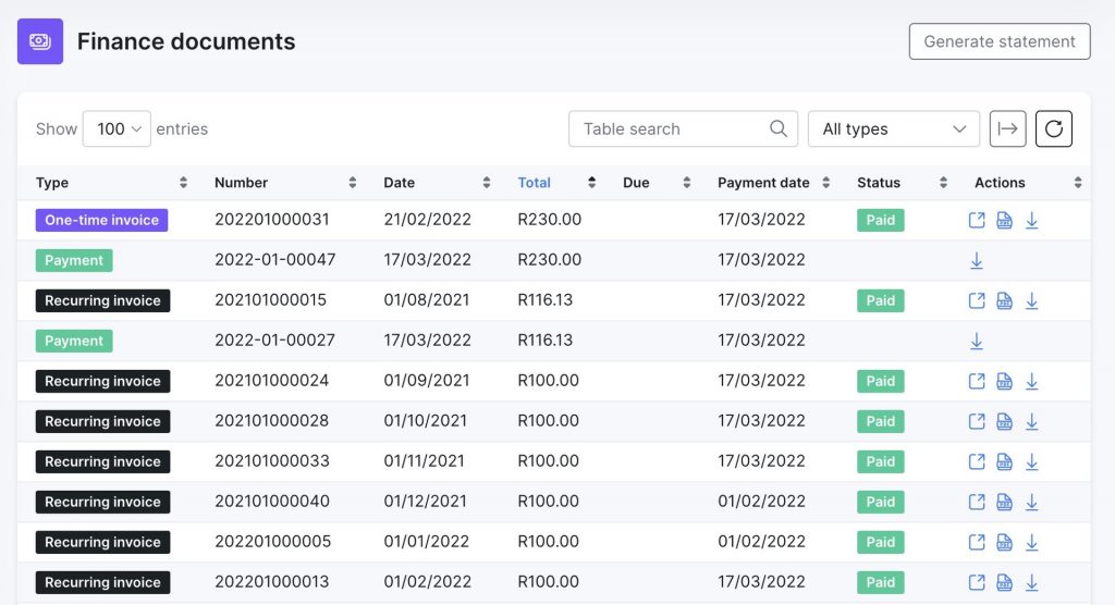 Customer portal finance documents section