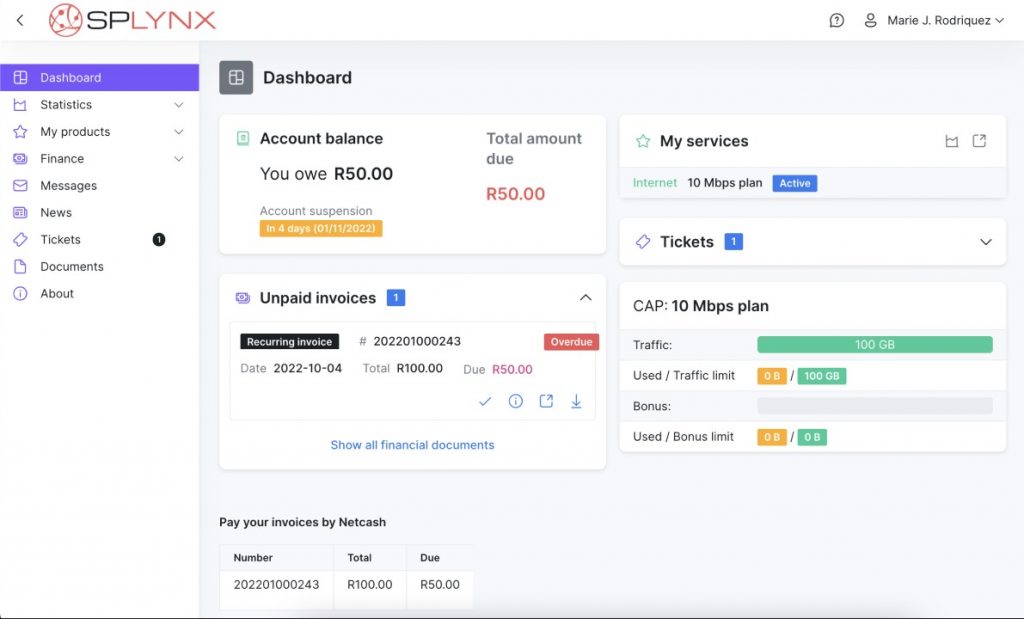 Splynx customer portal dashboard