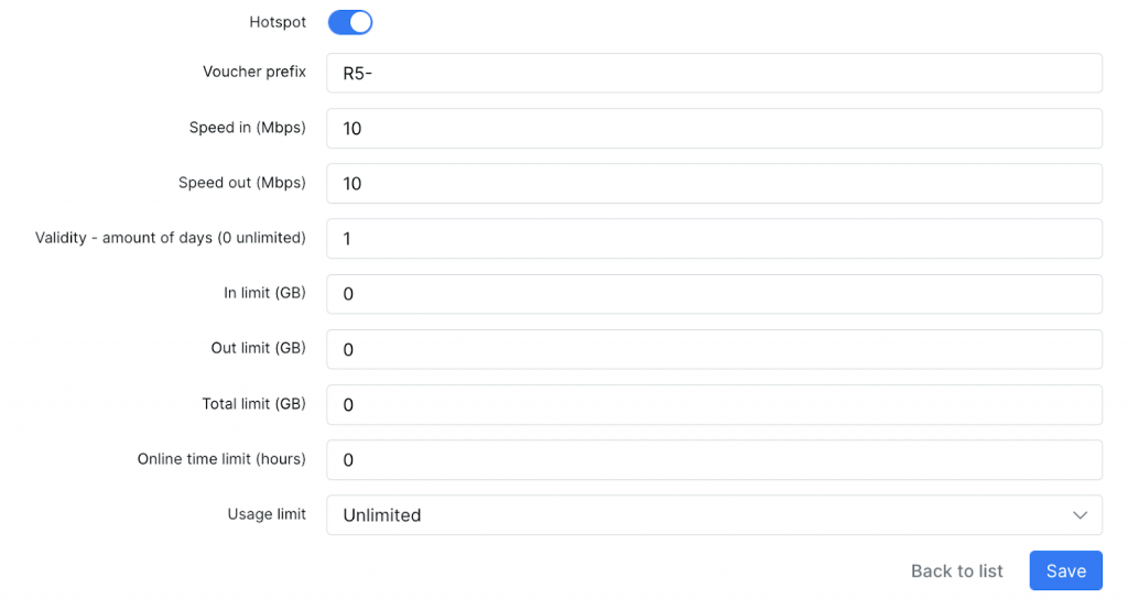 Tariff plan settings | Splynx hotspot