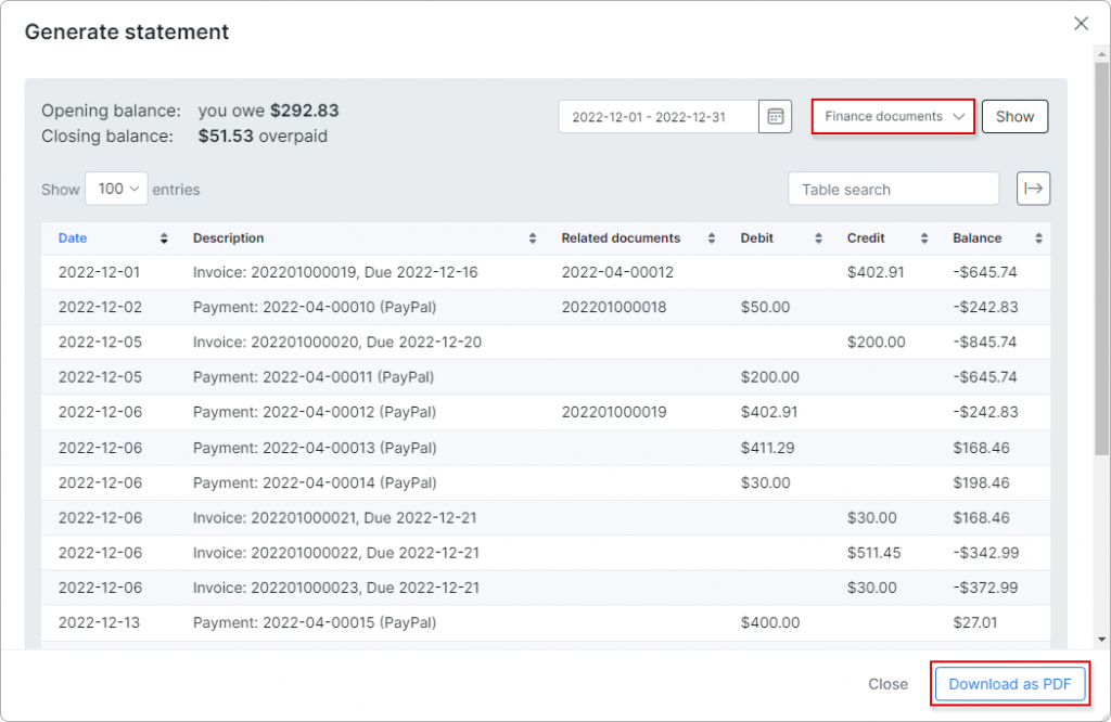 Generate account statement | Customer portal