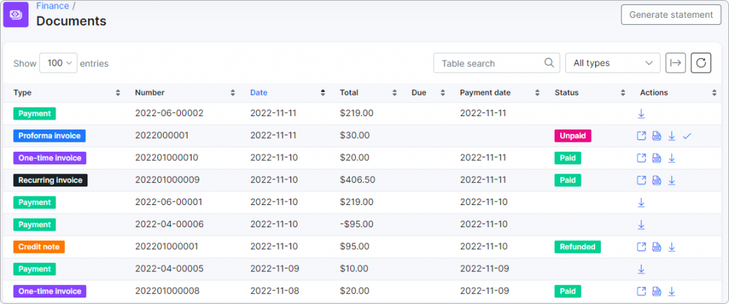 Finance section | Customer portal