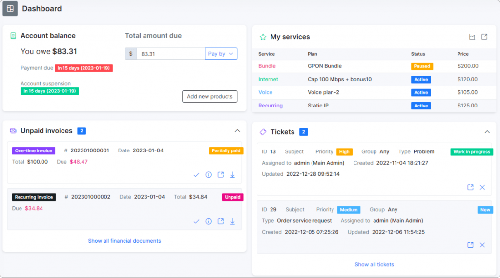 Splynx customer portal dashboard