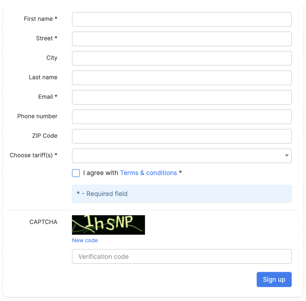 Splynx CRM sign up form
