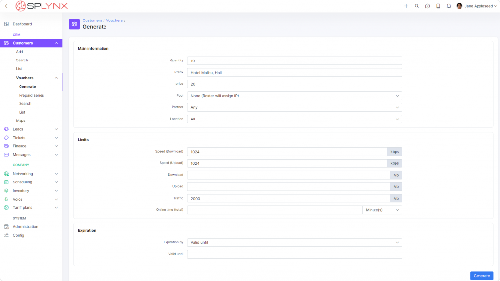 Create Wi-Fi vouchers in Splynx, print them, and distribute offline