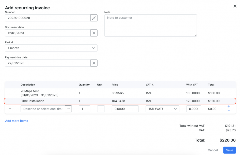 Invoice example with one-time service added