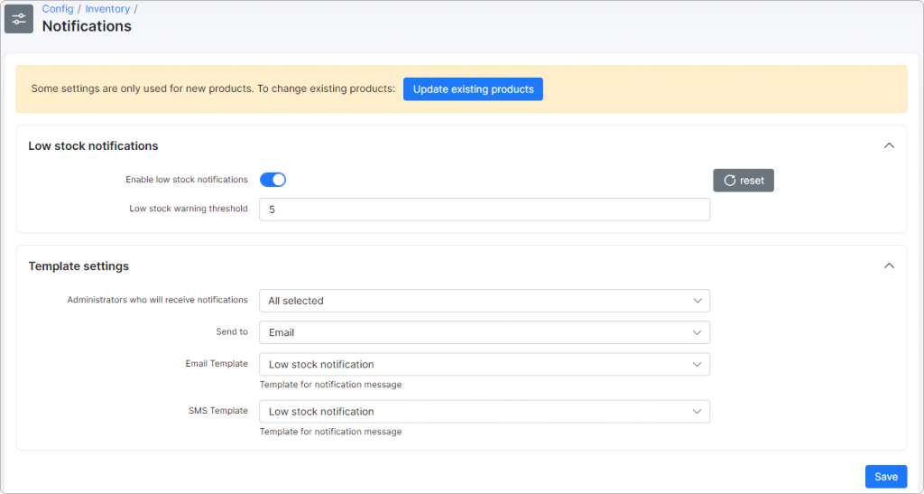 Configuration of low-stock notifications