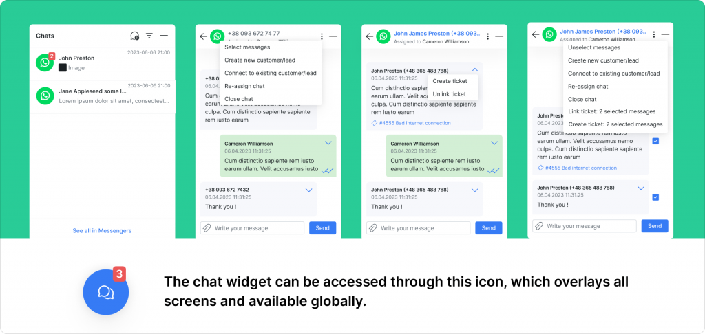 WhatsApp & Chat widget linking to tickets