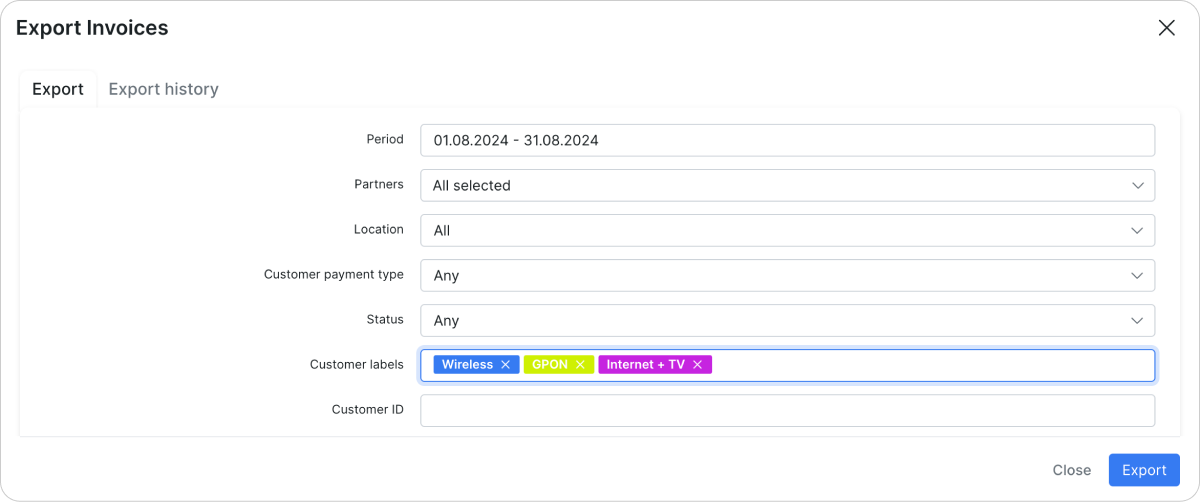 Apply custom labels to filters while exporting invoices in Splynx