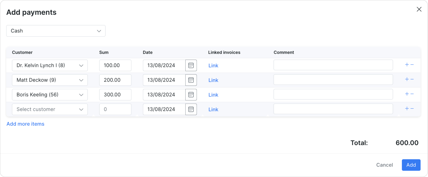 Add mass payments and link them to invoices - Splynx