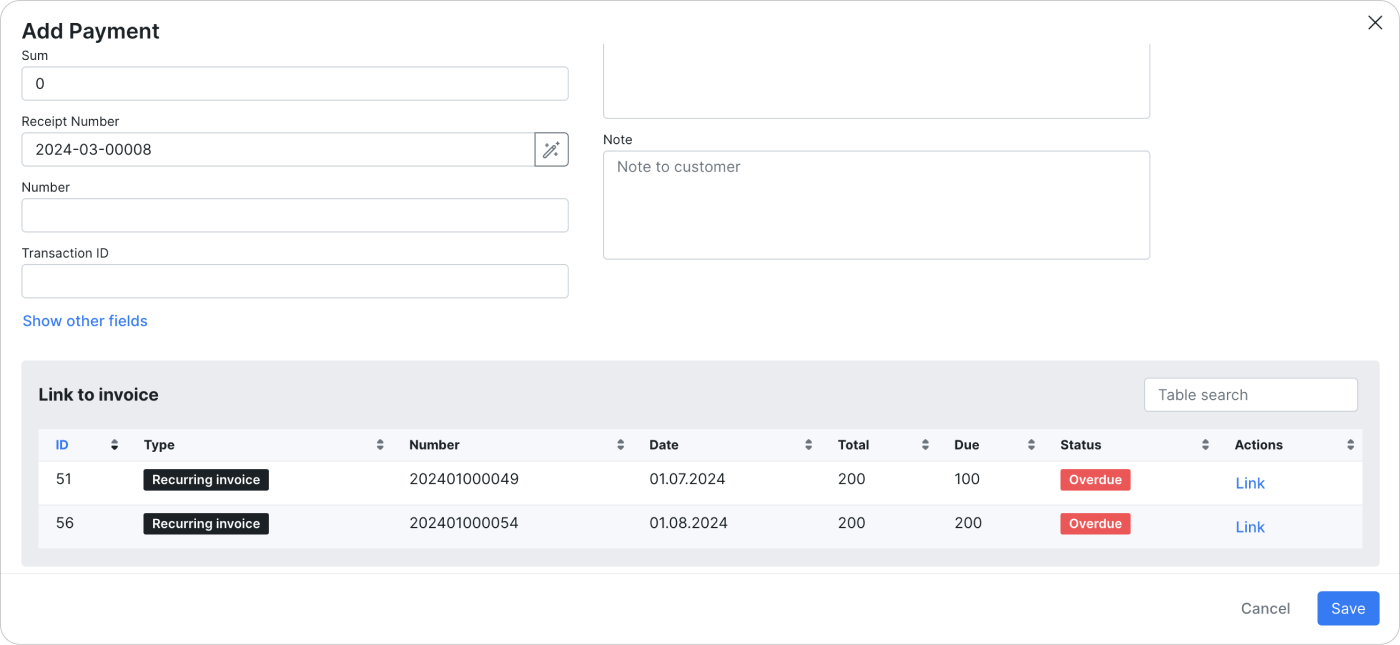 Link existing invoice with payment - Splynx