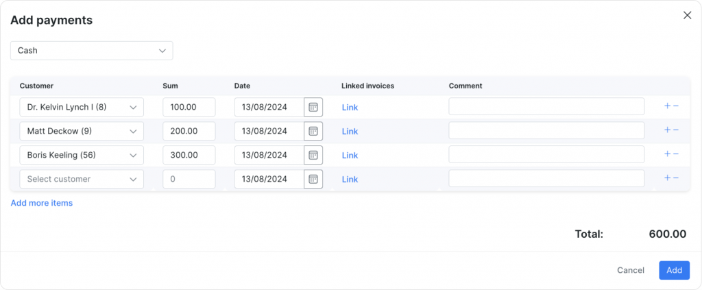 Add mass payments to customers and link corresponding invoices