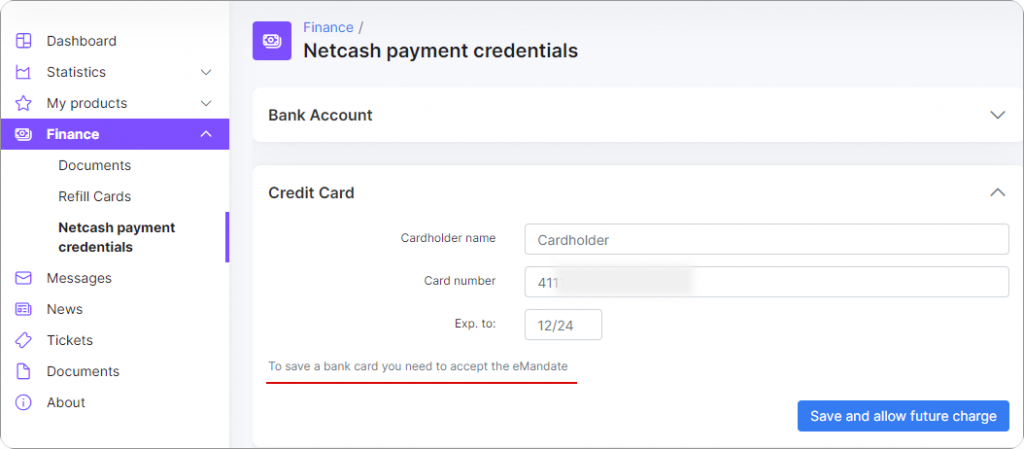 credit card credentials in the Customer Portal