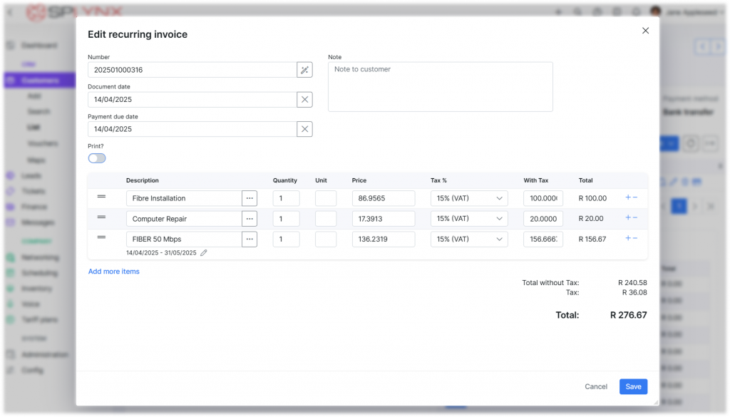 Multiple charges in a single invoice