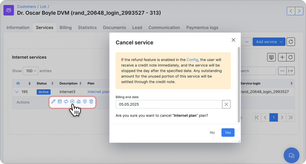 Cancel any active service and auto-refund with one action