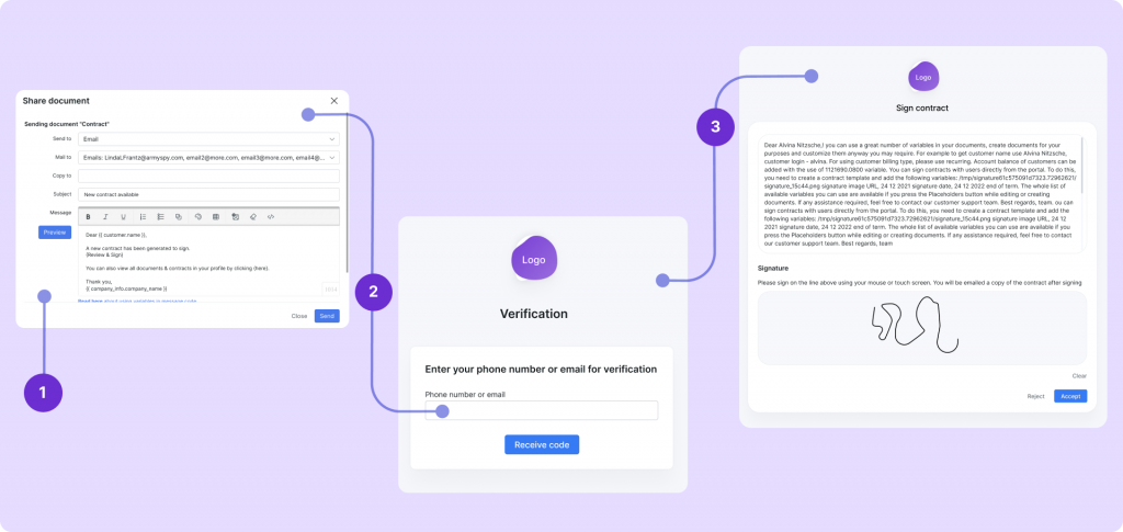 Generate, send, and sign documents entirely within the system - no customer login to a portal required