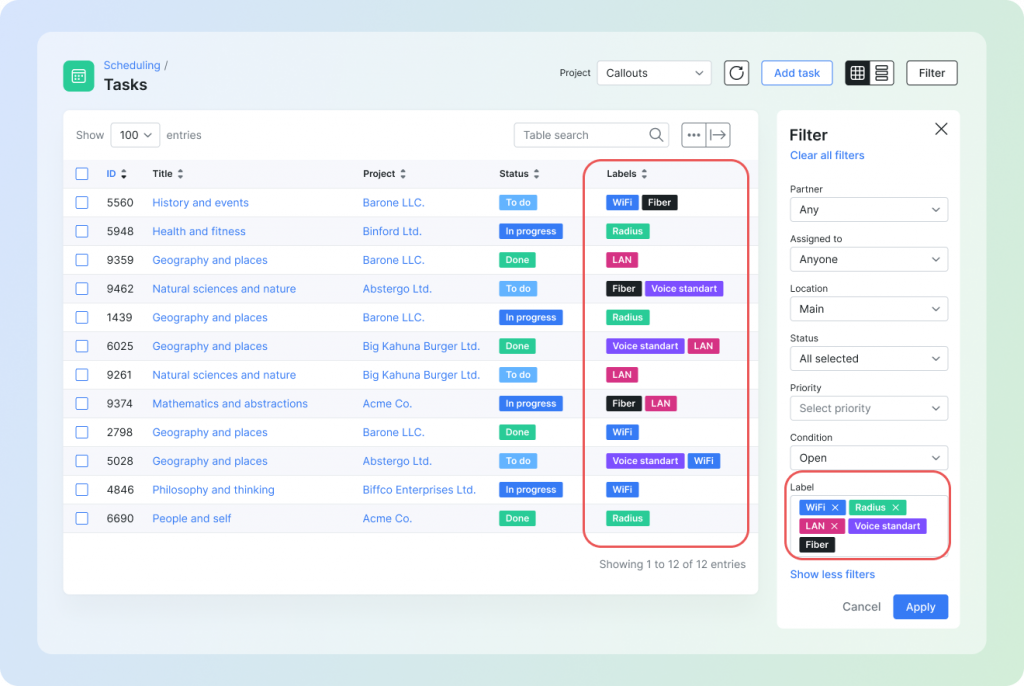 Introduced color-coded labels for Task Workflow statuses in the table