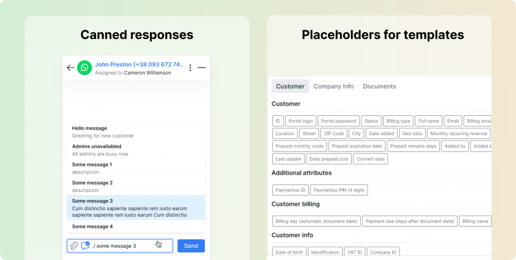 Canned responses, a mute notifications feature, and templates with placeholders in the Chatbox