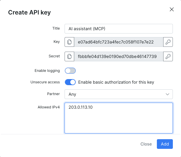 Create API key dialog in Splynx