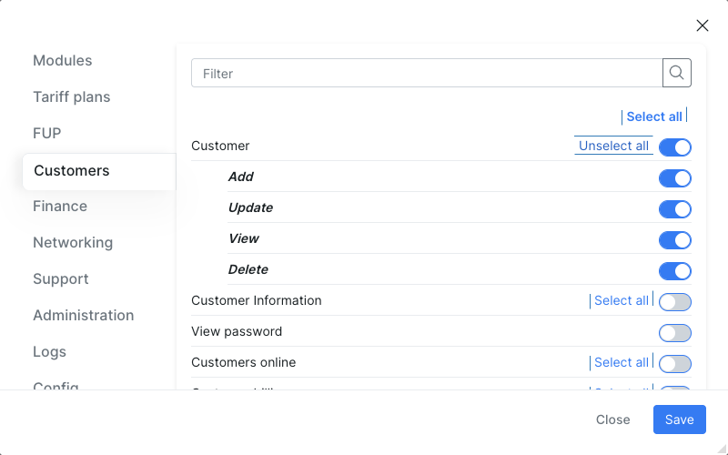 API key permission tree in Splynx