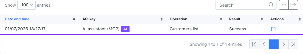 API request log with AI marker in Splynx