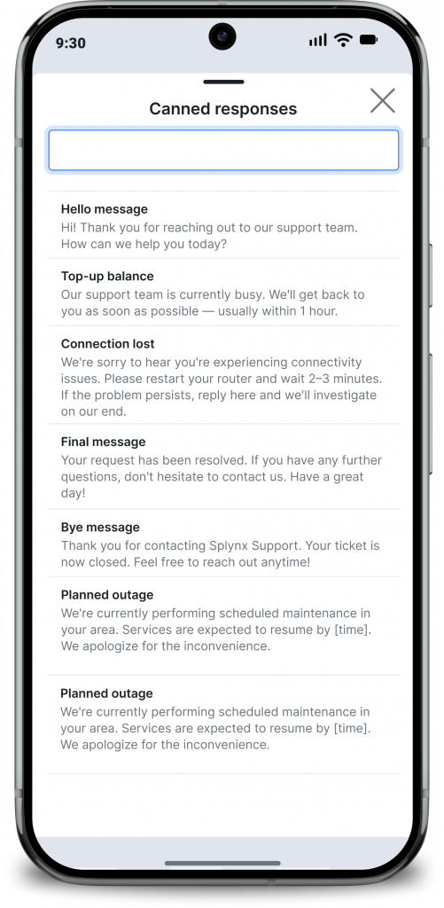 Canned responses panel in CommsApp showing pre-written messages for common ISP support scenarios