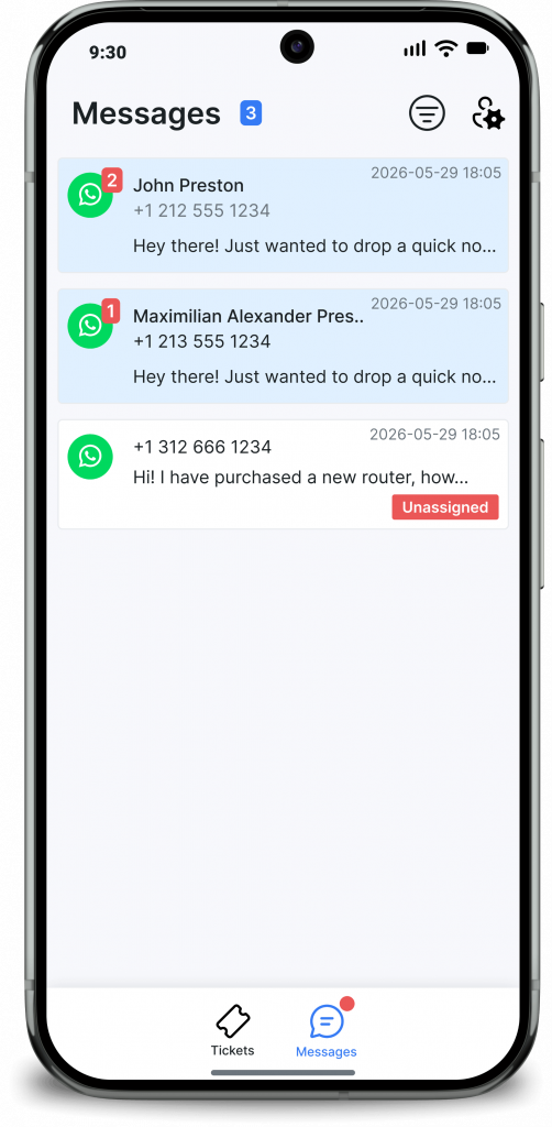 CommsApp Messages tab showing WhatsApp conversations with unread badges and an unassigned conversation