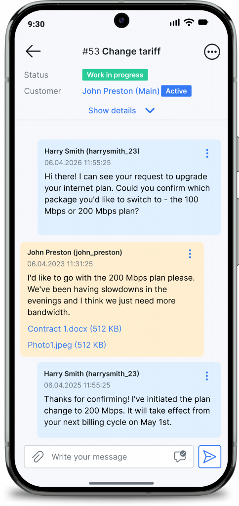 Ticket detail view showing a conversation thread about a tariff change with agent and customer messages