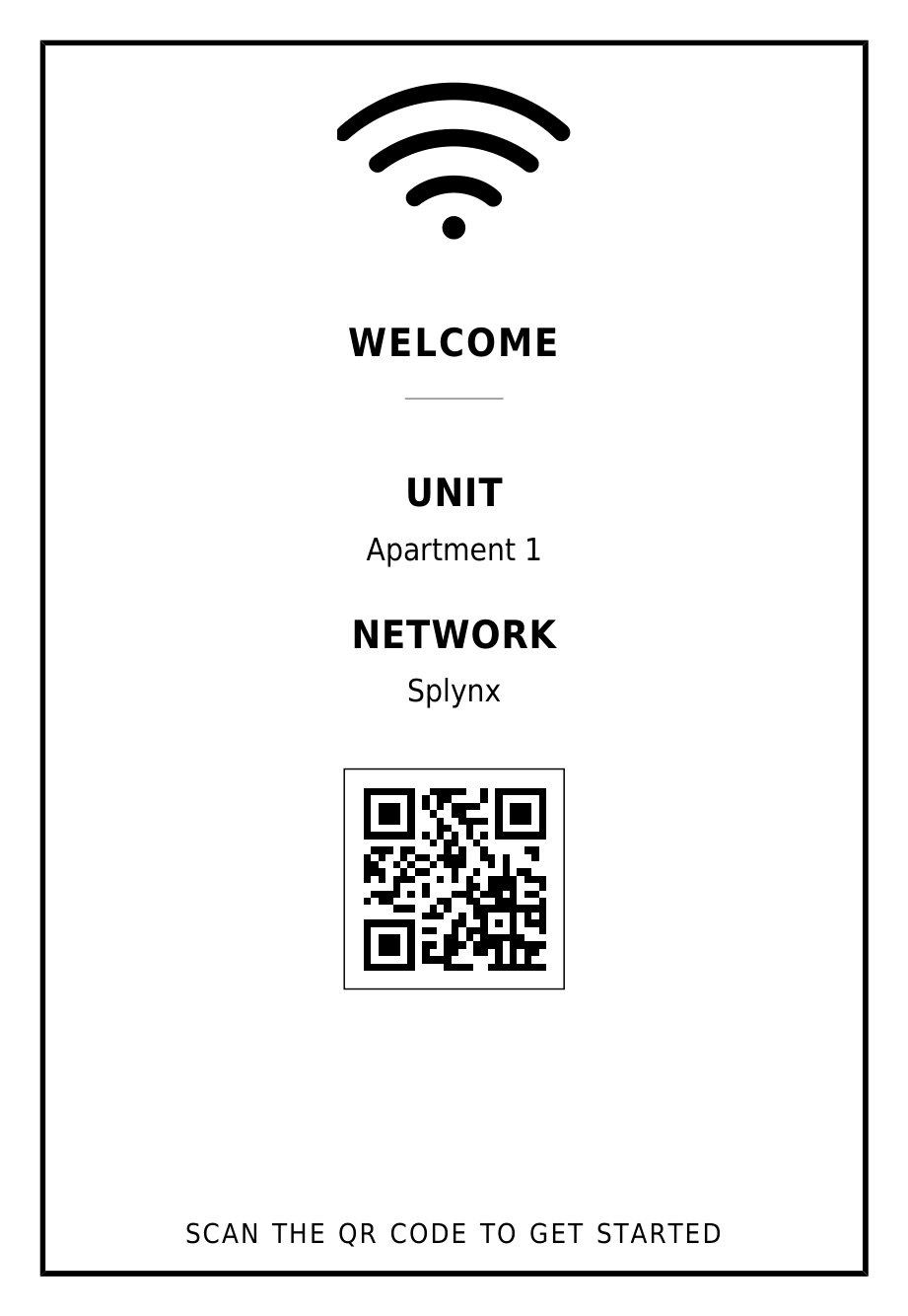 Printed A5 Wi-Fi card with a Wi-Fi icon, the text Welcome, unit Apartment 1, network Splynx, a QR code, and the line Scan the QR code to get started