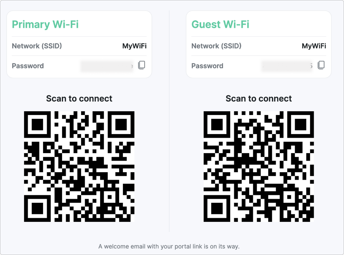 Connect screen with two blocks, Primary Wi-Fi and Guest Wi-Fi, each showing the network name, a password with a copy icon, and a QR code to scan