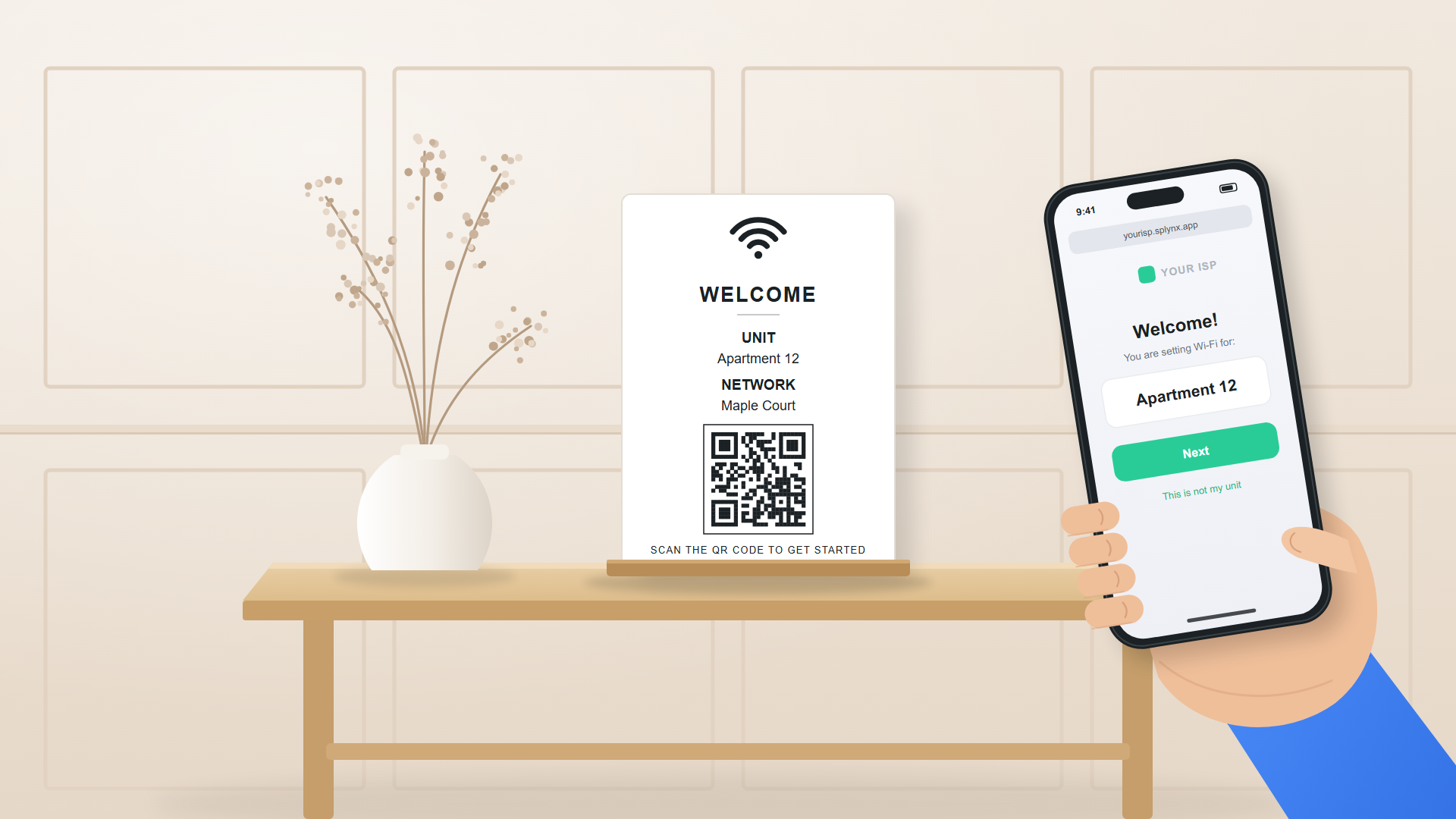 Illustration of a Wi-Fi welcome card with a QR code for Apartment 12 on a side table, next to a hand holding a phone that shows the self-service sign-up welcome screen for the same apartment
