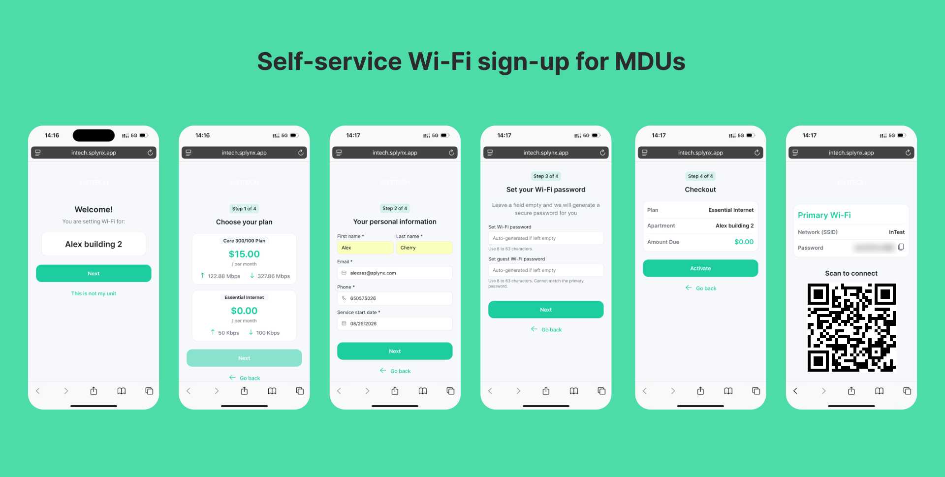 Six phone screens of the Splynx self-service Wi-Fi sign-up: welcome screen with the unit name, plan selection, personal information, Wi-Fi password, checkout, and the connect screen with SSID, password, and QR code