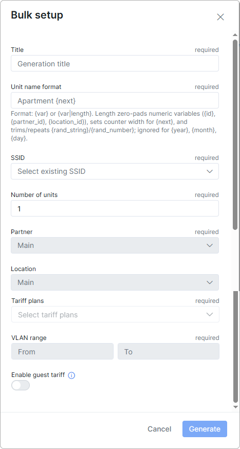 Bulk setup window in Splynx with fields for title, unit name format, SSID, number of units, partner, location, tariff plans, VLAN range, and the Enable guest tariff checkbox